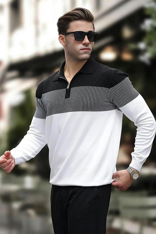 WOVCOR Zipper Collar Color Block Long Sleeve Men's Sweater