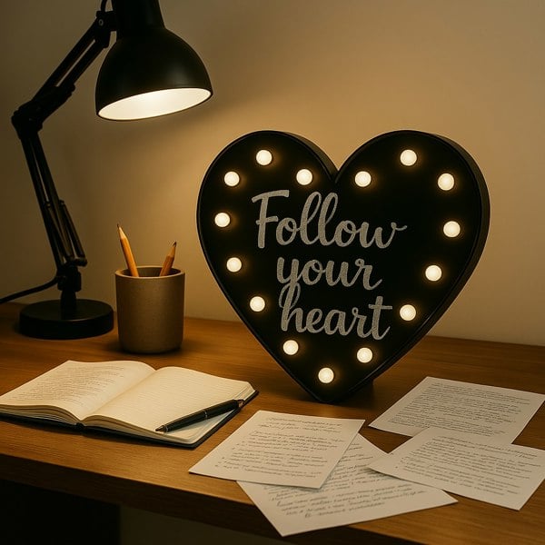 Heart-shaped light with 'Follow your heart' text on a desk with a lamp, notebook, and pencils.