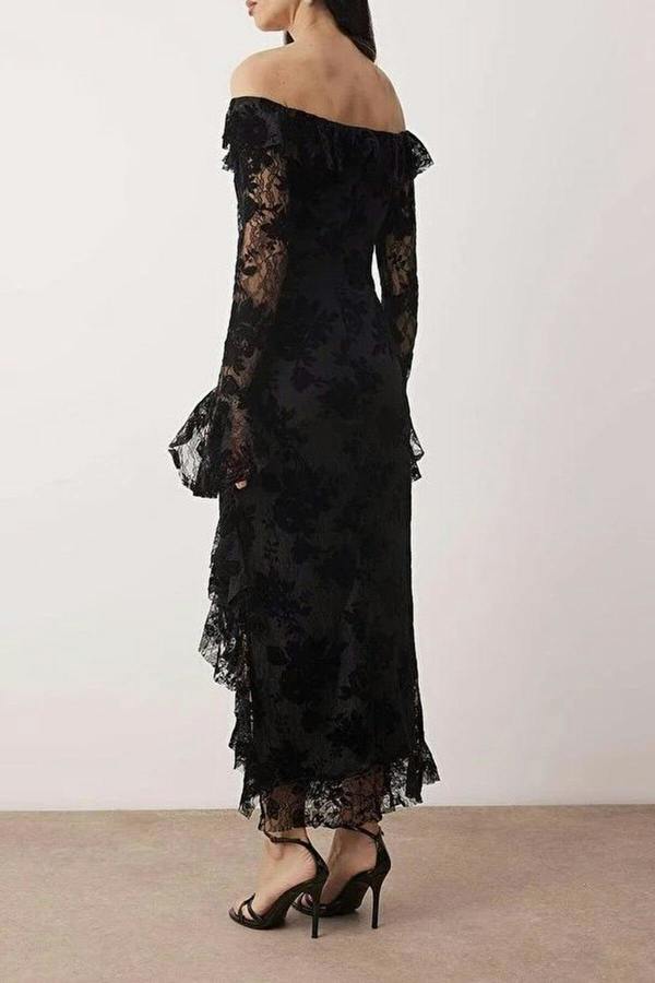 WOVCOR Ruffled Flocked Tulle Printed Maxi Dress with Lining