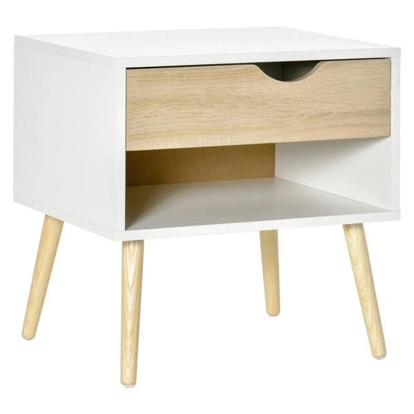White bedside table with light wood drawer, open shelf, and tapered wooden legs.