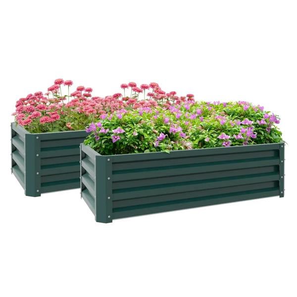 Green steel planter box set with open slatted sides, rectangular raised beds