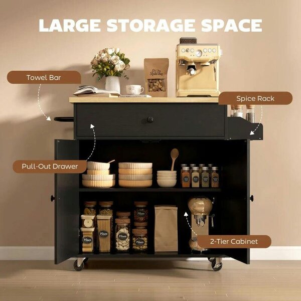 Kitchen Island with Drop Leaf, Rolling Kitchen Storage Trolley on Wheels with Drawer, Spice Rack and Towel Rack, Black