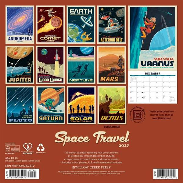 Space Travel, Classic Illustrated Posters Calendar 2027, Wall Calendars, Month To View, Natural World, Gift