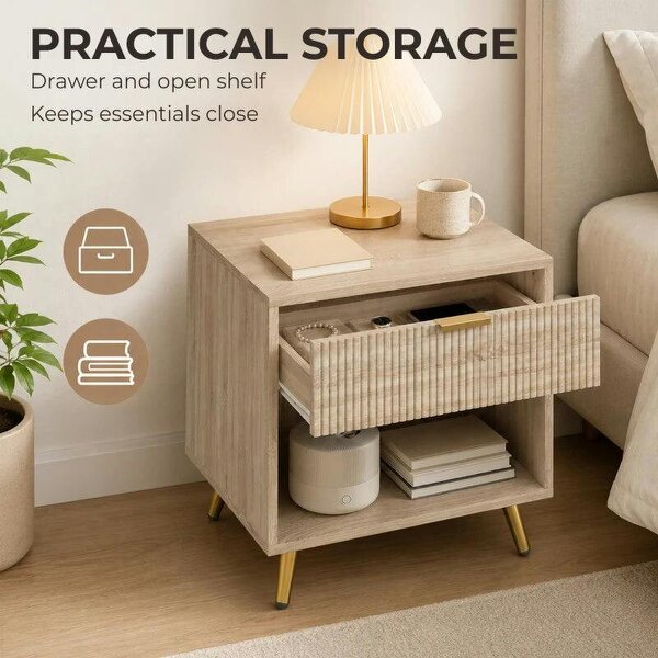 Bedside Table with Drawer and Open Compartment, Nightstand with Handle for Bedroom, Living Room, Natural Wood Finish