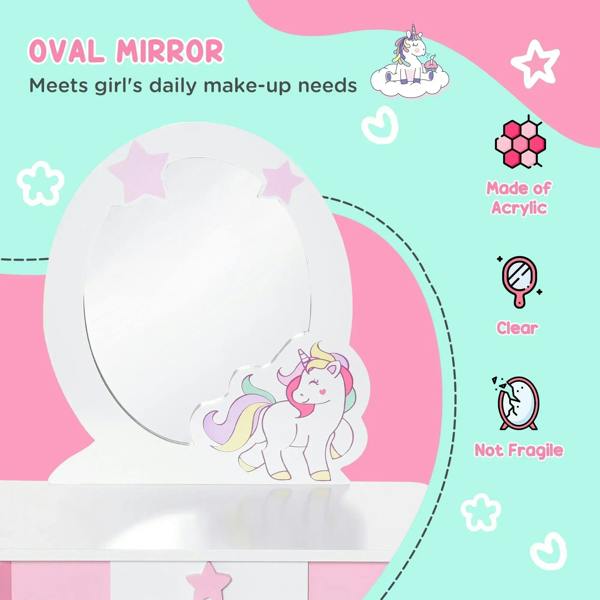 Oval white mirror with unicorn decal and star accents on pink kids vanity table