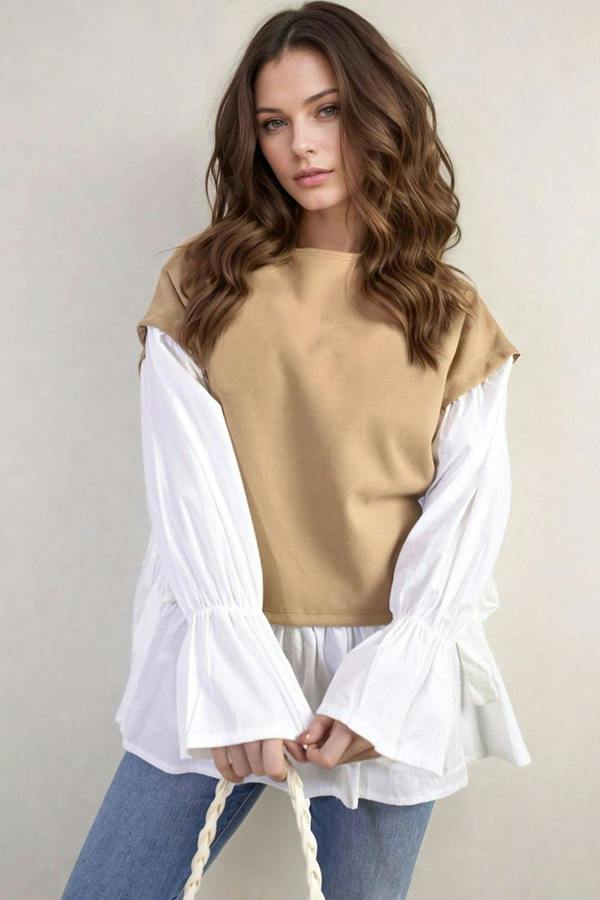 Alicia Side Tie Contrast Long Sleeve Knit Frill Top - Mocha