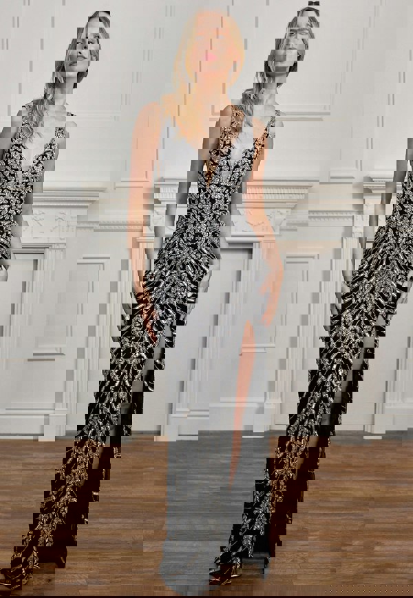 ANGELEYE Plunge Neck Silver Sequin Embellished Black Maxi Dress