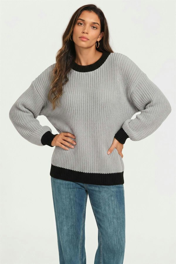 FS Collection Black Neck Knit Jumper Top In Grey
