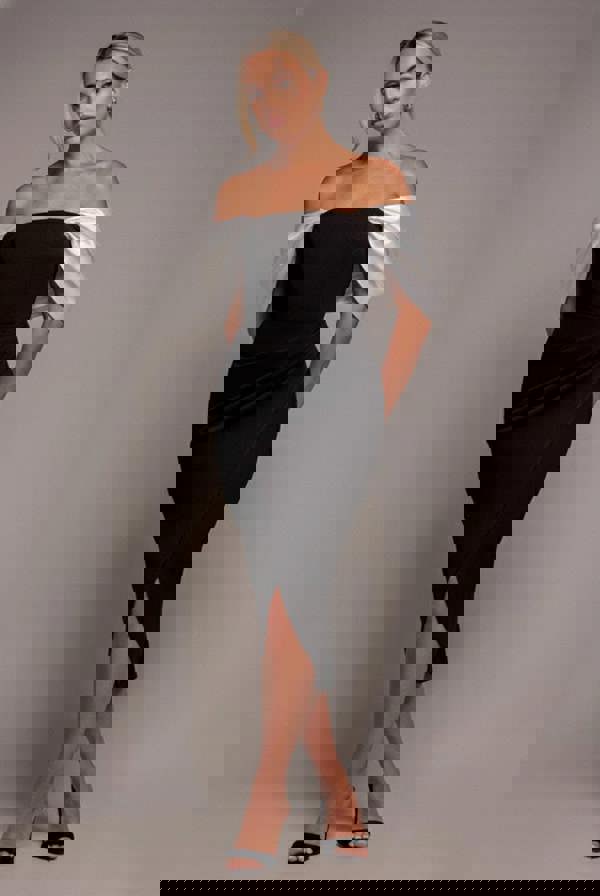 Contrast Off Shoulder Back Satin Bow Scuba Midi Dress - Black Cream DR4939