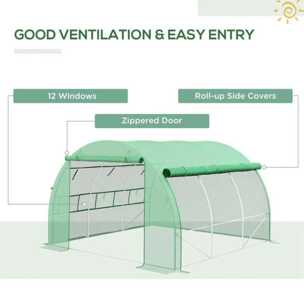 Green greenhouse tent with 12 windows, roll-up side covers, and zipped door