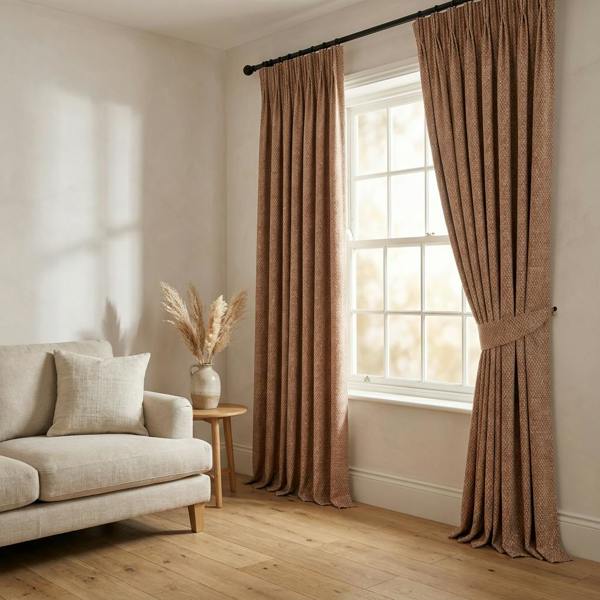 Murcia made-to-measure curtains in Umber, styled in a living room