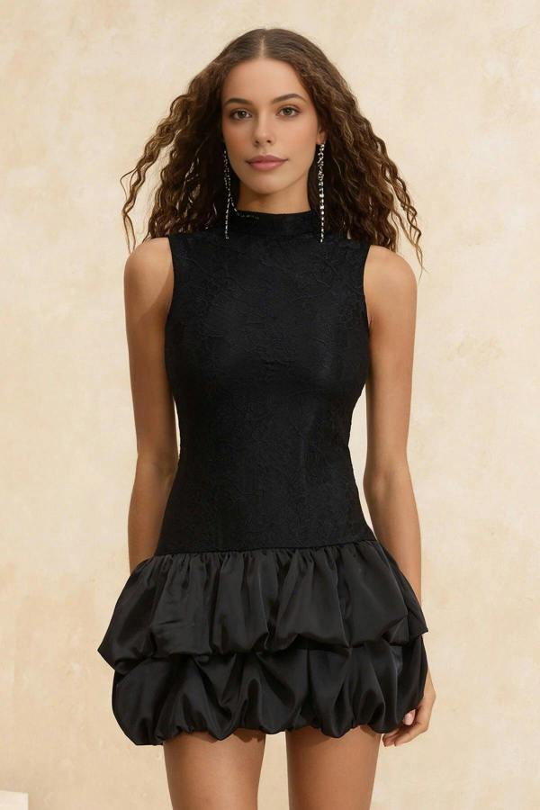 WOVCOR Lace Mini Lined Evening Dress with Balloon Skirt Detail