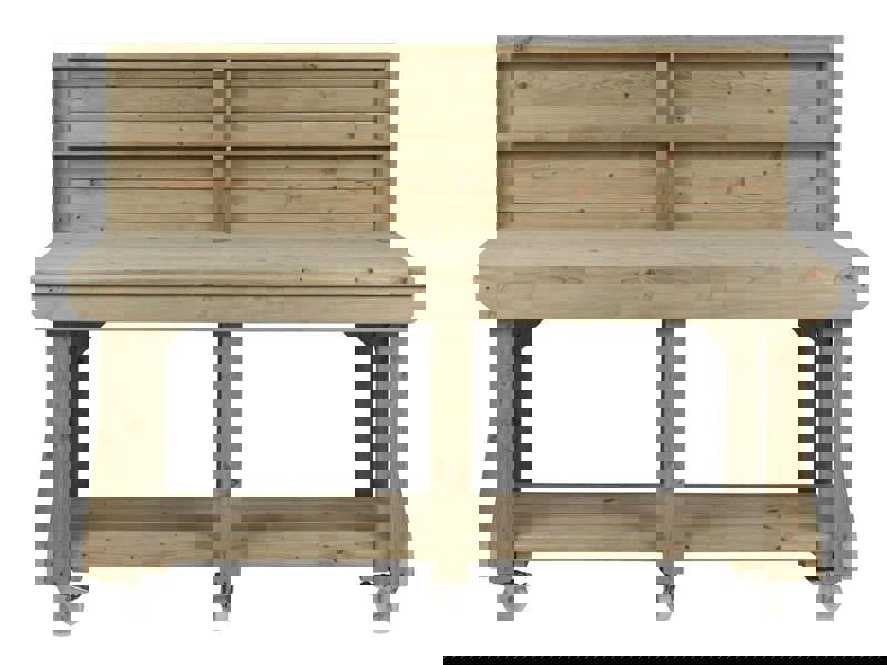 Indoor/Outdoor Pressure-Treated Single Shelf with back panel and wheels Workbench, a robust and versatile solution for all your workspace needs. Handcrafted in the UK, this workbench is constructed from high-quality, pressure-treated timber, ensuring durability and resistance to the elements, making it suitable for both indoor and outdoor use.