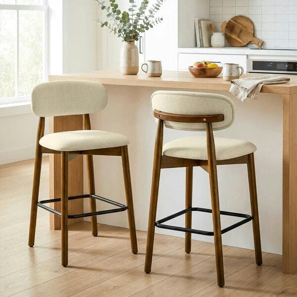 Bar Stools Curved Open Back Padded Seat Footrest Set of 2 for Kitchen Beige