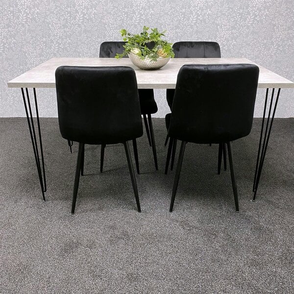 Kosy Koala Grey Dining Table with Hairpin Legs & 4 Black Velvet Chairs Set for Kitchen & Dining Room