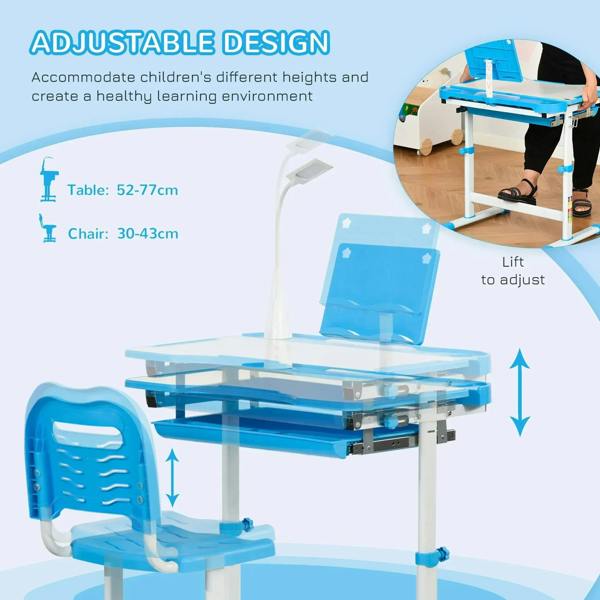 Kids blue adjustable study desk with tilting top and height-adjustment arrows