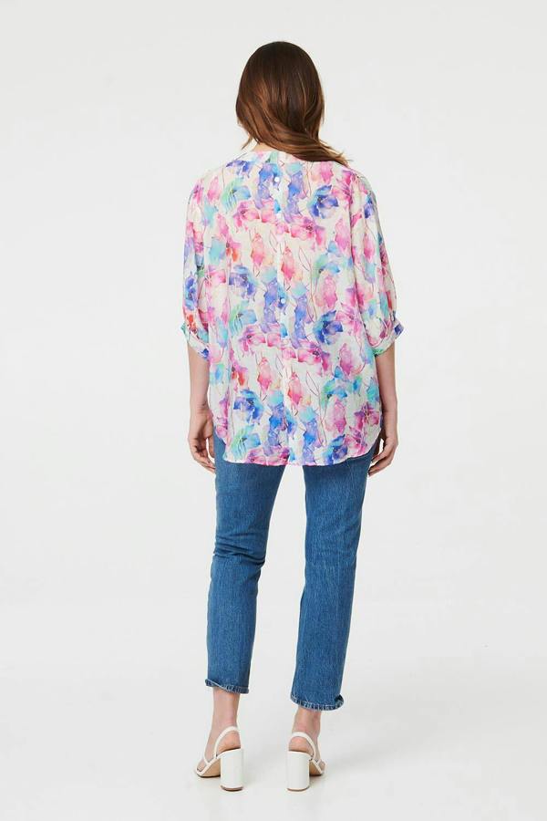 Pink | Floral 1/2 Sleeve Curve Hem Blouse