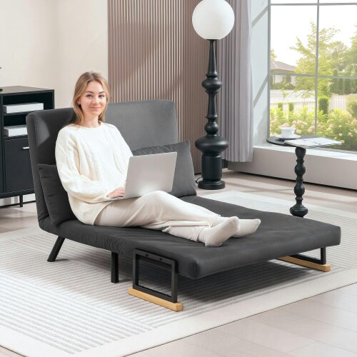 Wyld Haus Dima Velvet Dark Grey 4 In One Convertible Double Sofa Bed With Cushions and Wooden Armrests