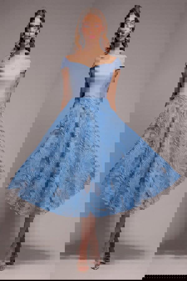 Scuba & Textured Chiffon A Line Midi Dress - Blue DR4549