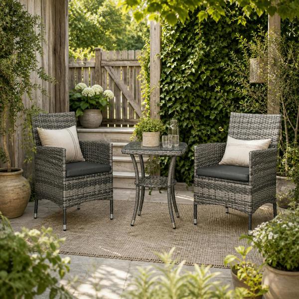 Wyld Haus Sami Rattan Grey 3 Piece Garden Bistro Set With 2 Tier Table And Cushions