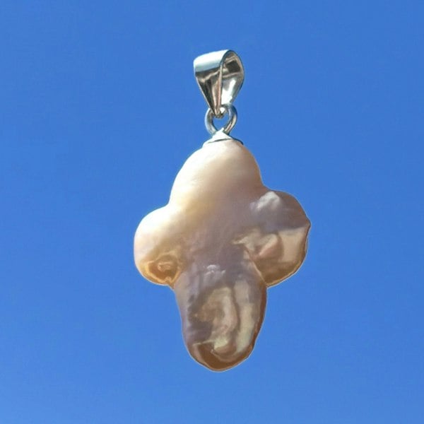 Cross-shaped pearl, unique warm colour pendant by LENAE London, handcrafted in silver.