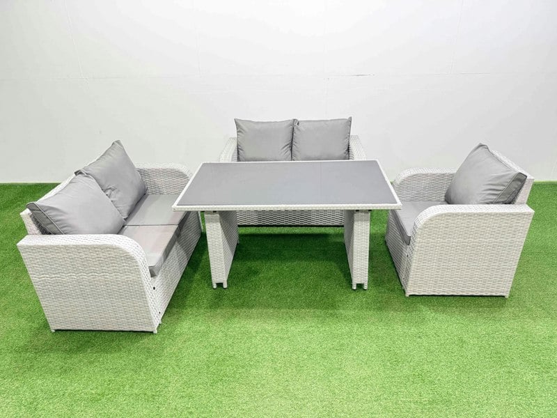 Fimous Rattan Sofa Outdoor Furniture with Dining Table,Love Sofa Patio Furniture Light Grey 5 Seater