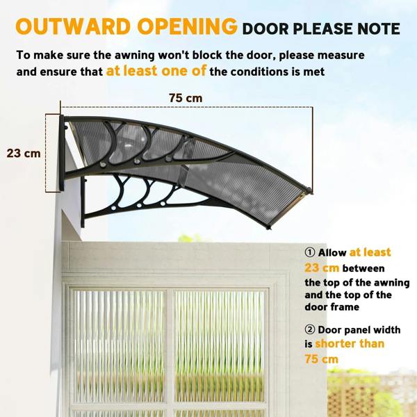 Black outward-opening door canopy awning with curved cover and bracket; 75 cm width