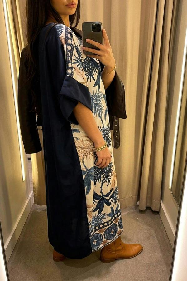 Taisley Oversized Batwing Maxi Dress With Tropical Print - Navy