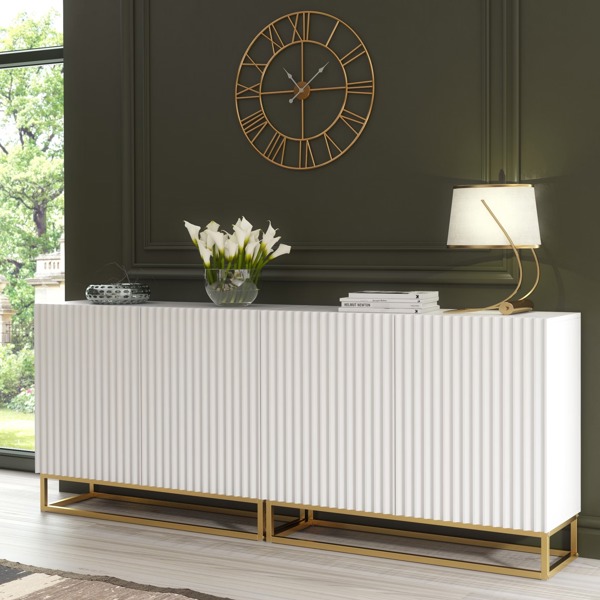 Mex Furniture Sophisticated White Sideboard with Fluted Fronts & Gold Legs – 200cm Storage Unit