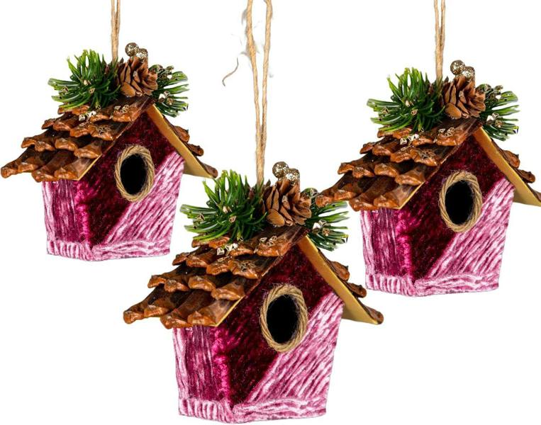 10x11cm Pink Burgundy Birdhouse Hanging Decoration Set, 3 Pack Fairy Tale Tree Ornaments image 6