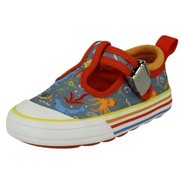 Clarks Boys Clarks Casual T-Bar Canvas Trainers Foxing Fish T