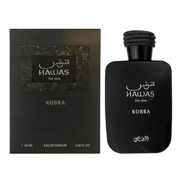 Rasasi Hawas Kobra For Him Eau de Parfum 100ml black perfume bottle with matching luxury packaging box.
