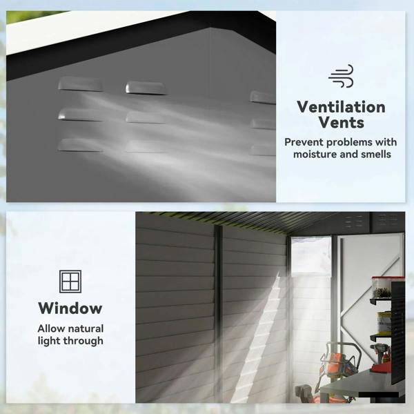 Metal garden shed features ventilation vents and window-style panels