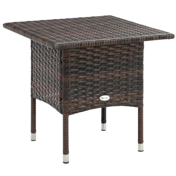 Brown woven rattan-style outdoor side table with square top and metal legs