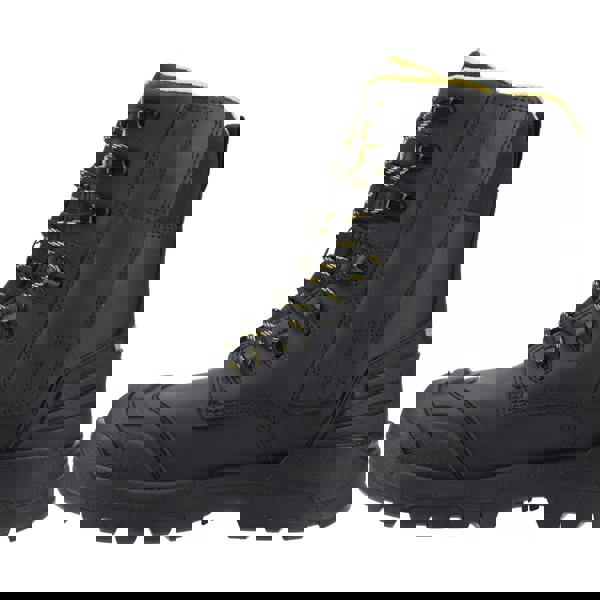 Caterpillar Striver XL 8-inch men's side zip waterproof S7 safety ankle boots, black boots with yellow accents, rugged design, side zipper for easy wear, durable lug outsole for traction.