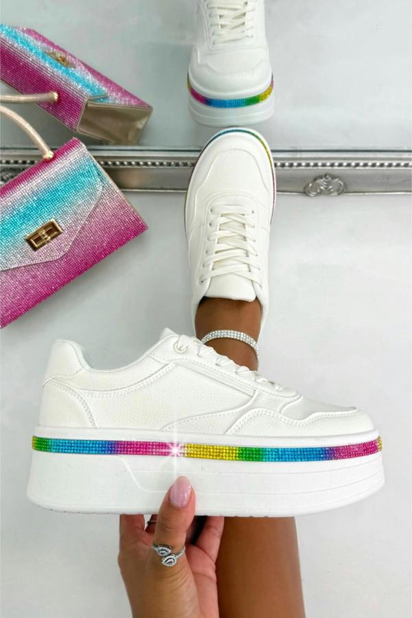 Love Lemonade Crystal Diamante Trim Platform Trainers Rainbow