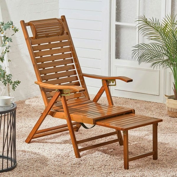 Bamboo Foldable Recliner Lounge Chair with Retractable Footrest Sun Loungers Living and Home