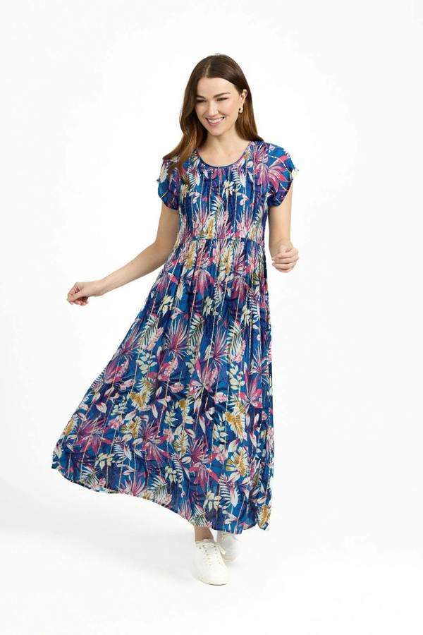 Mudflower Leaf Print Shirred Bodice Midi Dress