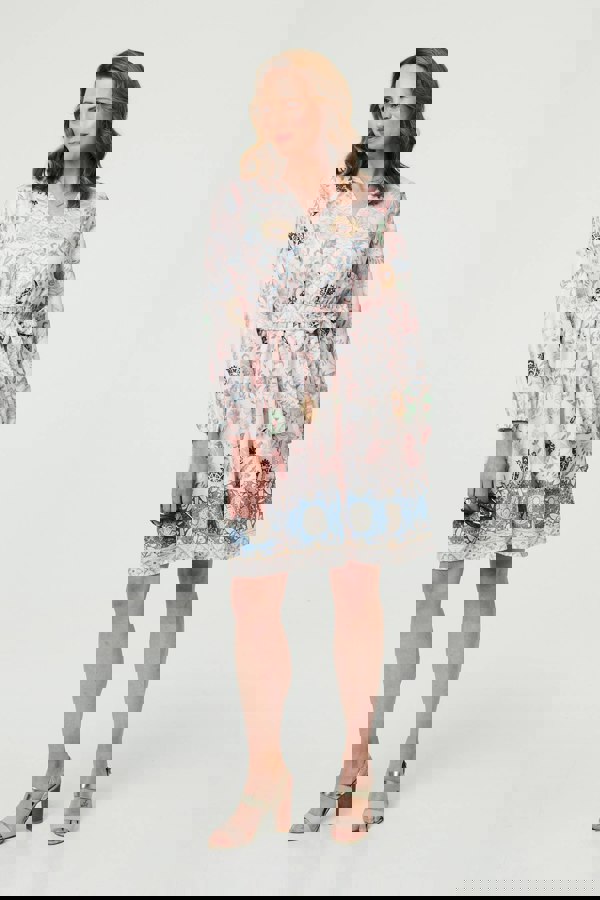 Pink | Border Print Tie Waist Knee Length Dress
