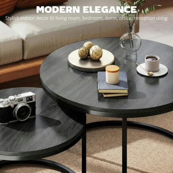 Set of Two Wood-Effect Stacking Tables - Black Wood Grain