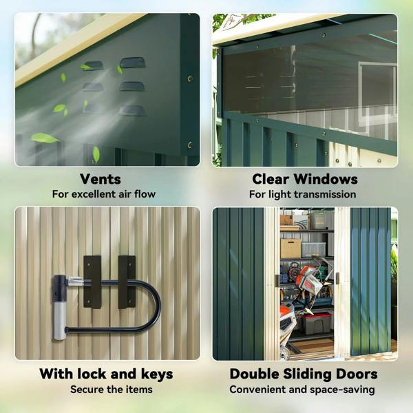 Metal shed features: vents, clear windows, lock and keys, and double sliding doors.