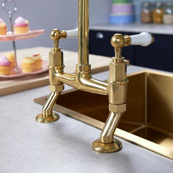 Flode Larvik | Kitchen Dual Lever Bridge Mixer Tap | Polished Brass Finish