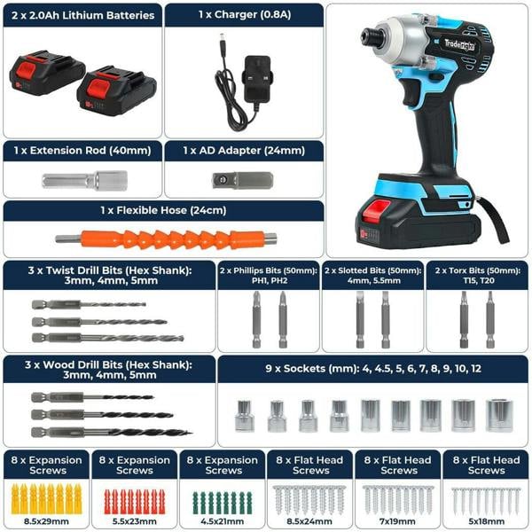 Traderight 21V Cordless Brushless Impact Driver 2 Battery 1/4" Electric Wrench