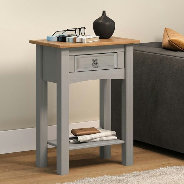 Corona grey wax pine chest with drawers, rustic Mexican style sideboard with black metal fittings.

