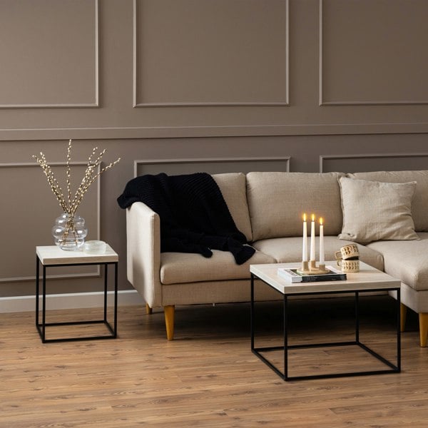 Furniture To Go Barossa Coffee Table with Travertine Rough Paper Top & Black Powder Steel Base 40cm