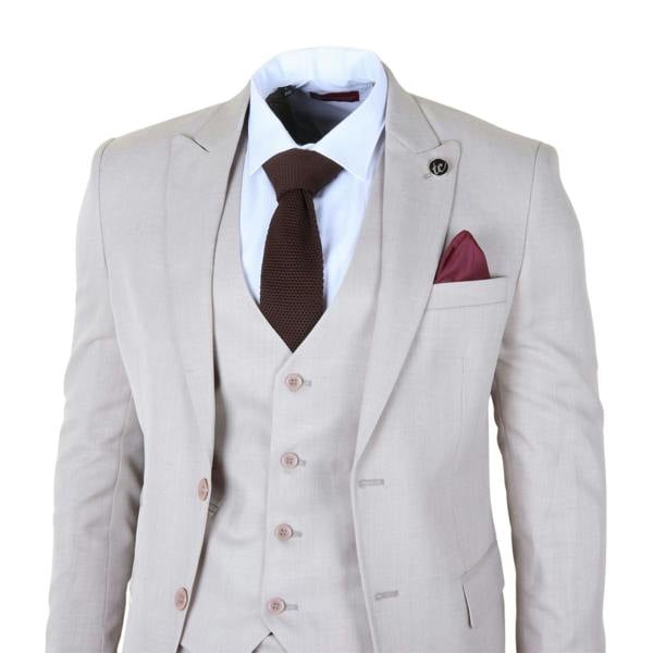 Infinity Leather Men's Cream 3-Piece Tailored Fit Formal Wedding Peak Lapel Suit
