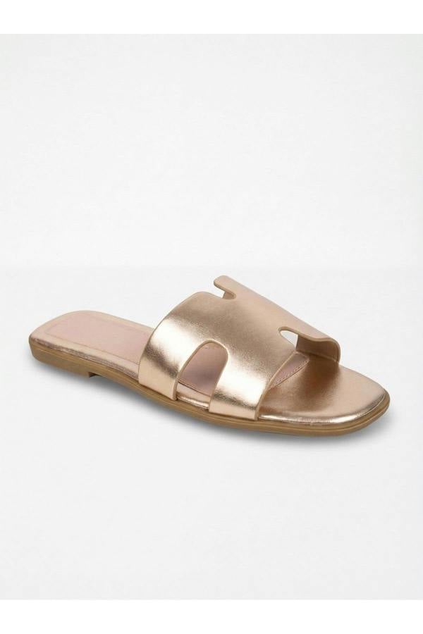 Aria Womens H-Strap Flat Slide Sandals - GOLD