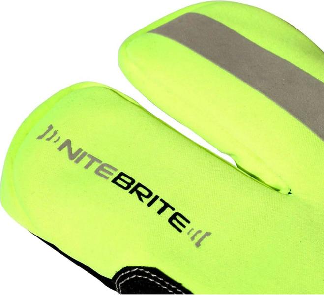 Close-up of Optimum NiteBrite glove fluro yellow fingers with branding and reflective strip, on white - Optimum