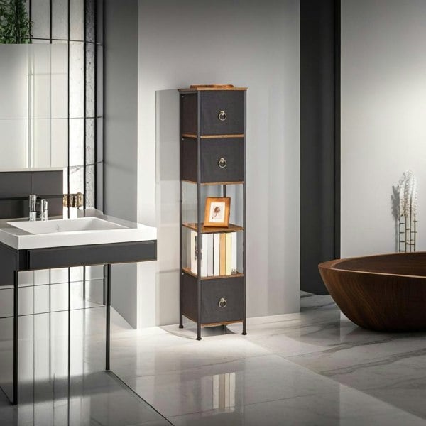 Modcraft Tall Narrow Corner Storage Cabinet – 3 Fabric Drawers & 2 Open Shelves, Slim Bathroom Unit