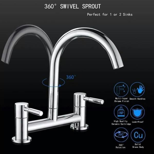 Havendro Modern Dual Lever Chrome Kitchen Sink Mixer Tap 2 Hole Deck Mounted Faucet